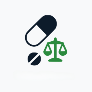 Flat icon of pill and capsule with green justice scales, symbolizing drug charge defense in Minneapolis and St. Paul.