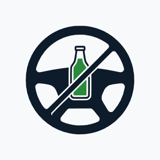 Minimal icon of steering wheel and bottle crossed out, representing DUI and DWI legal defense in Minneapolis.